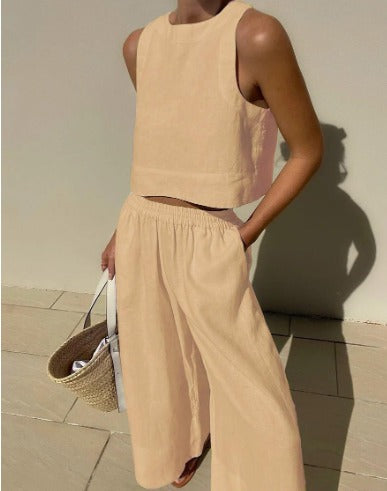 Liora | Women's Linen Crop Top And Wide Leg Pants Set