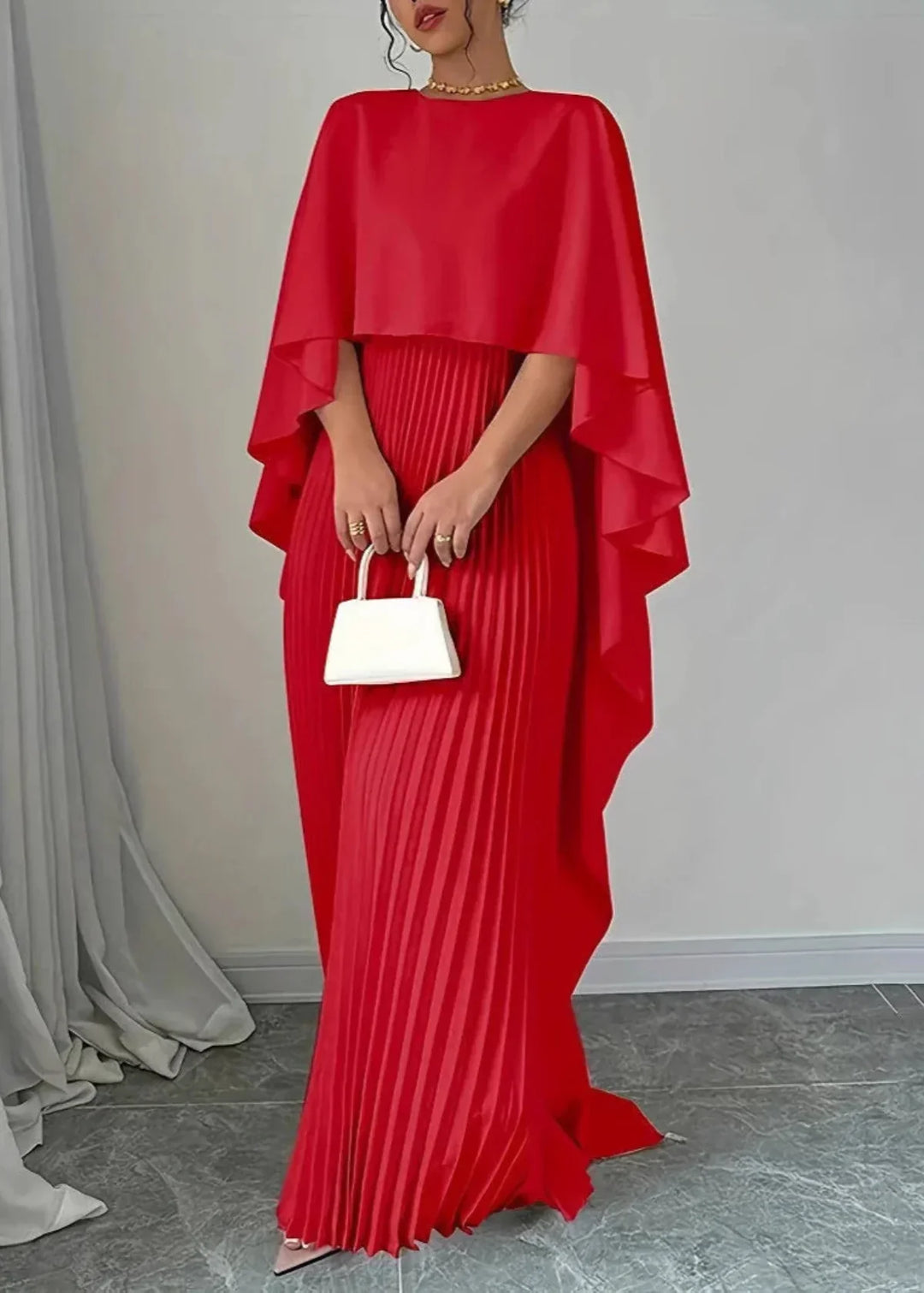 Serena | Women's Cape Sleeve Pleated Long Dress
