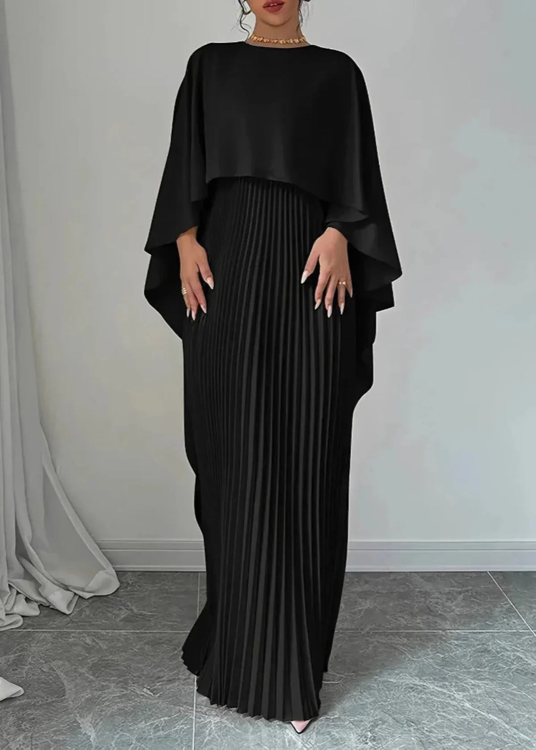 Serena | Women's Cape Sleeve Pleated Long Dress