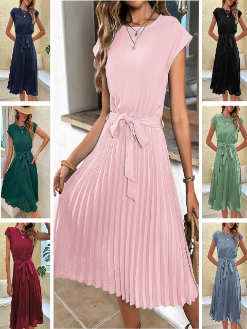 Mirela | Women's Flowing Pleated Midi Dress With Waist Tie