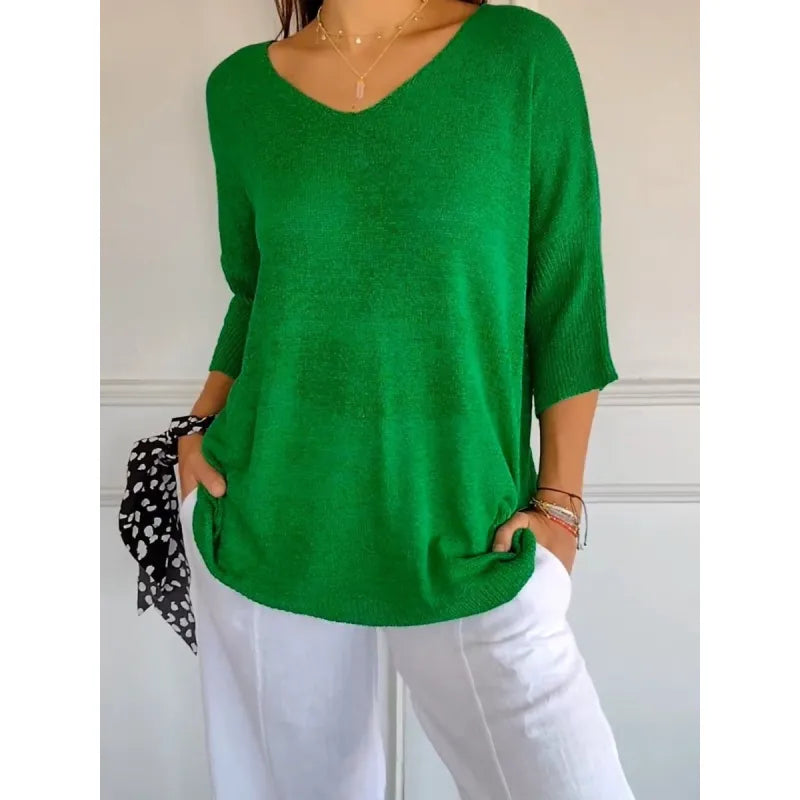 Elowen | Women's Textured V-Neck 3/4 Sleeve Knit Top