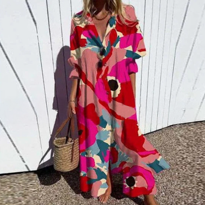 Elina | Women's Leaf Print Button Front Maxi Dress