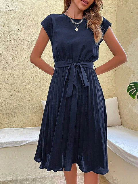 Mirela | Women's Flowing Pleated Midi Dress With Waist Tie