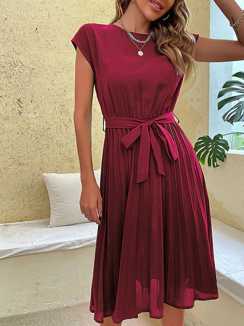 Mirela | Women's Flowing Pleated Midi Dress With Waist Tie