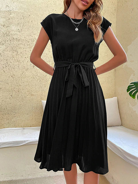 Mirela | Women's Flowing Pleated Midi Dress With Waist Tie