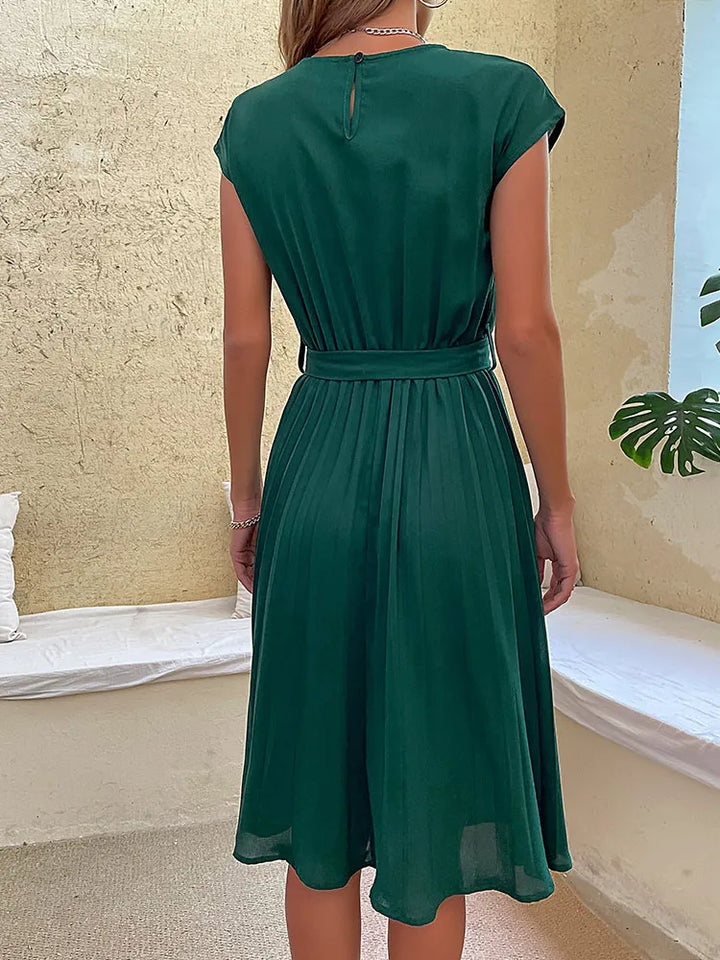 Mirela | Women's Flowing Pleated Midi Dress With Waist Tie