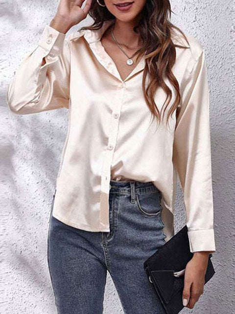 Elira | Women's Silky V-Neck Button-Front Satin Shirt
