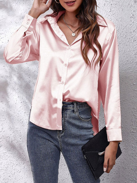 Elira | Women's Silky V-Neck Button-Front Satin Shirt
