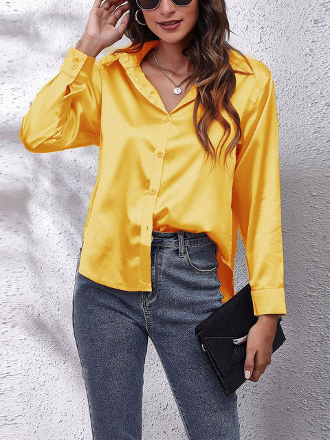 Elira | Women's Silky V-Neck Button-Front Satin Shirt