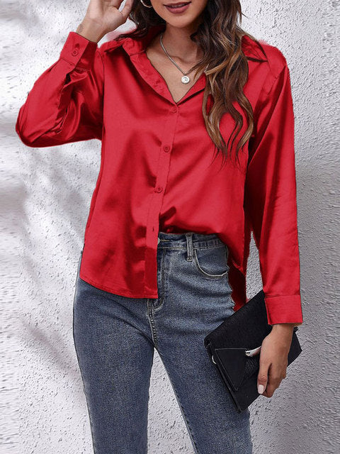 Elira | Women's Silky V-Neck Button-Front Satin Shirt