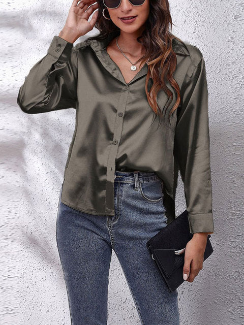 Elira | Women's Silky V-Neck Button-Front Satin Shirt