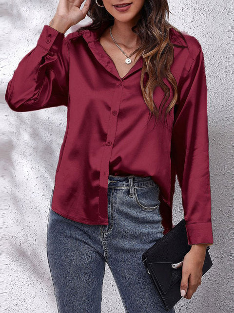 Elira | Women's Silky V-Neck Button-Front Satin Shirt