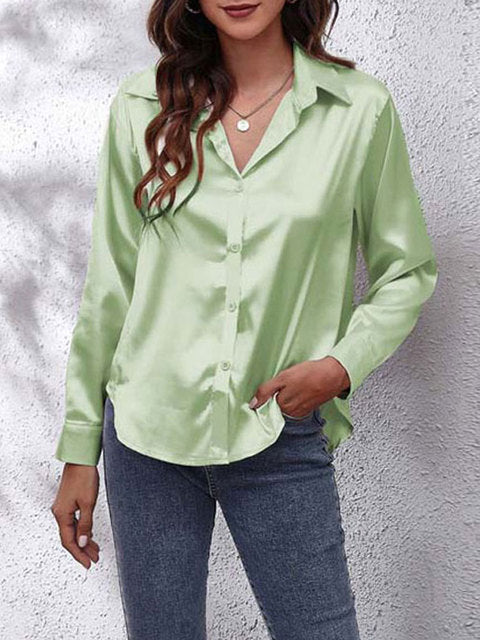 Elira | Women's Silky V-Neck Button-Front Satin Shirt