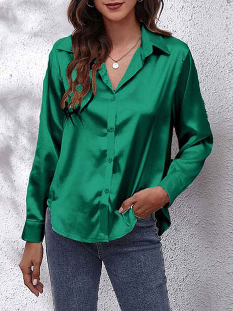 Elira | Women's Silky V-Neck Button-Front Satin Shirt