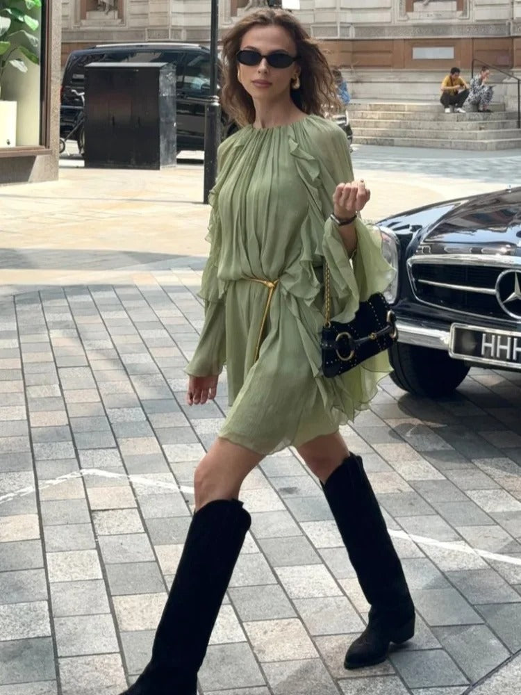 Soraya | Women's Long Sleeve High Neck Ruffle Mini Dress