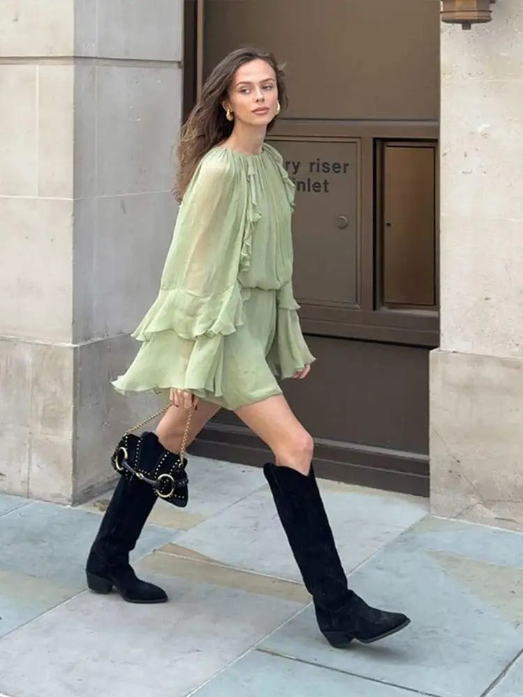 Soraya | Women's Long Sleeve High Neck Ruffle Mini Dress