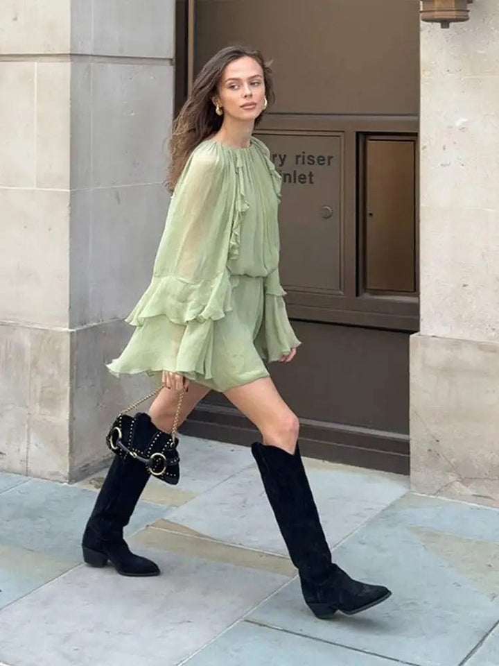 Soraya | Women's Long Sleeve High Neck Ruffle Mini Dress