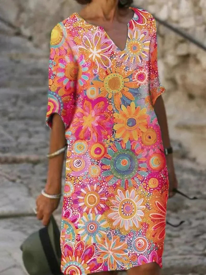 Solara | Women's Vibrant Floral V-Neck Shift Dress