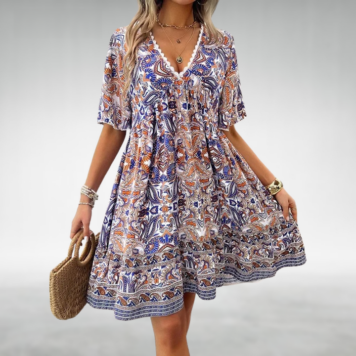 Solea | Women's Boho Floral V-Neck Knee-Length Dress
