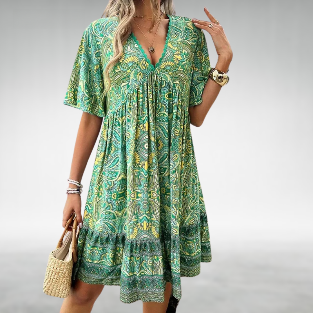 Solea | Women's Boho Floral V-Neck Knee-Length Dress
