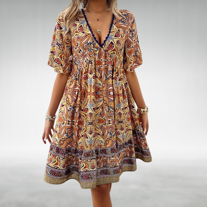 Solea | Women's Boho Floral V-Neck Knee-Length Dress