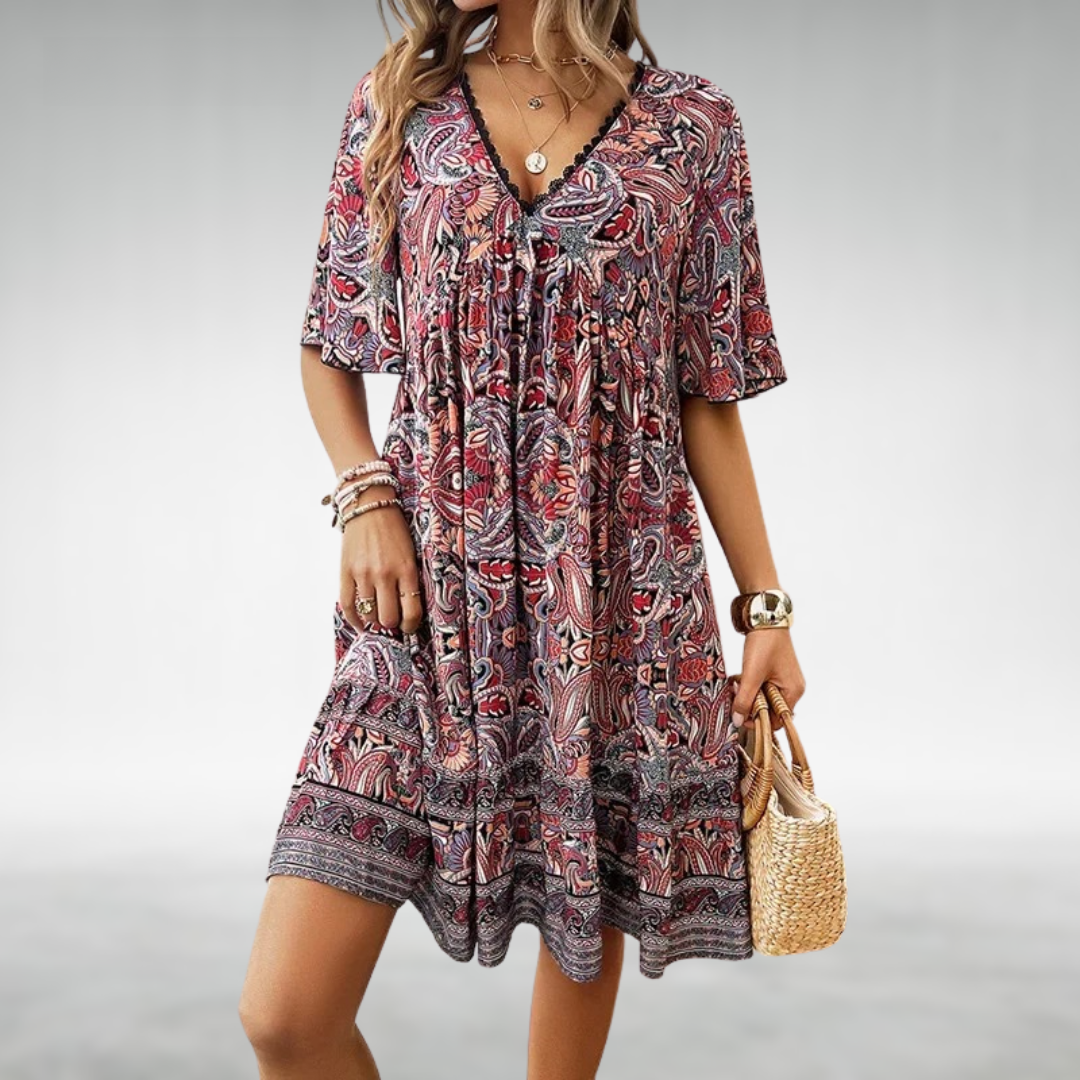 Solea | Women's Boho Floral V-Neck Knee-Length Dress