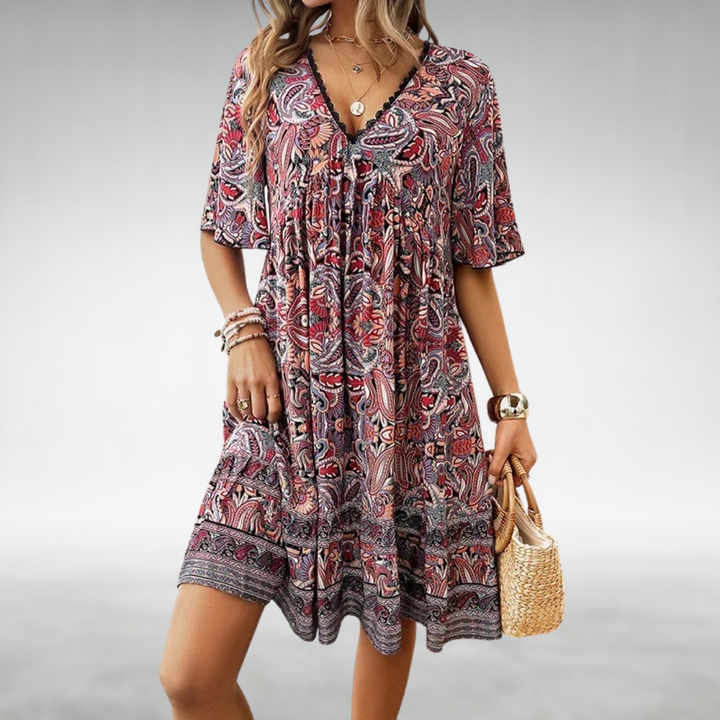 Solea | Women's Boho Floral V-Neck Knee-Length Dress