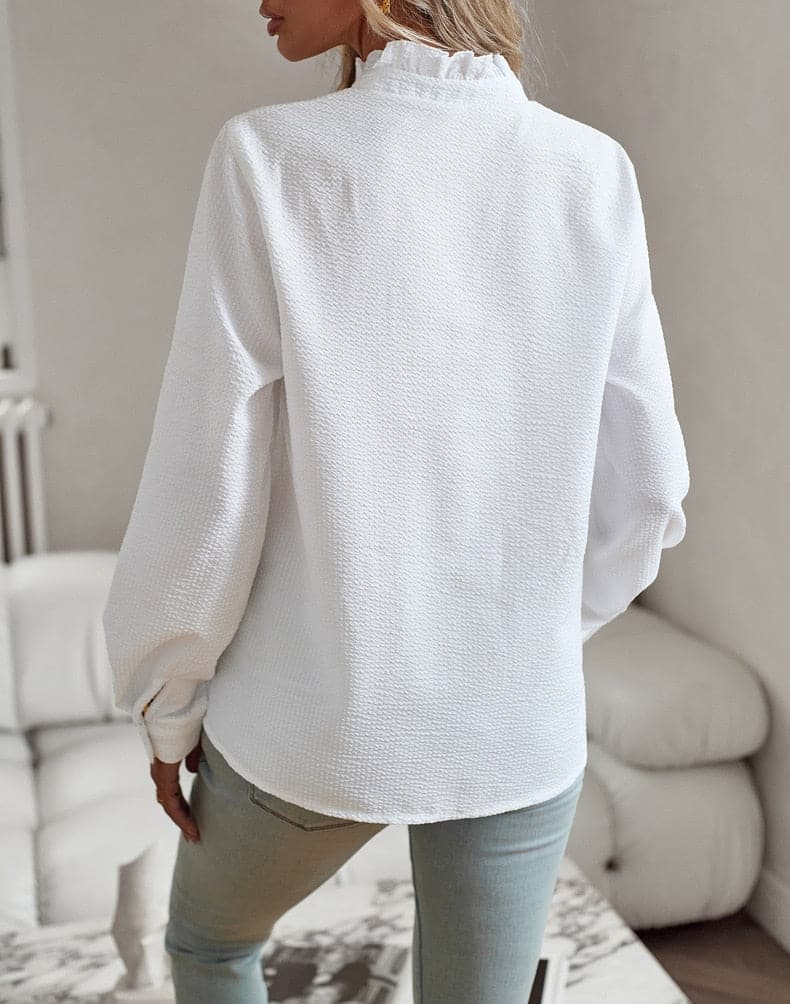 Celestia | Women's Textured Ruffle Detail Button Blouse