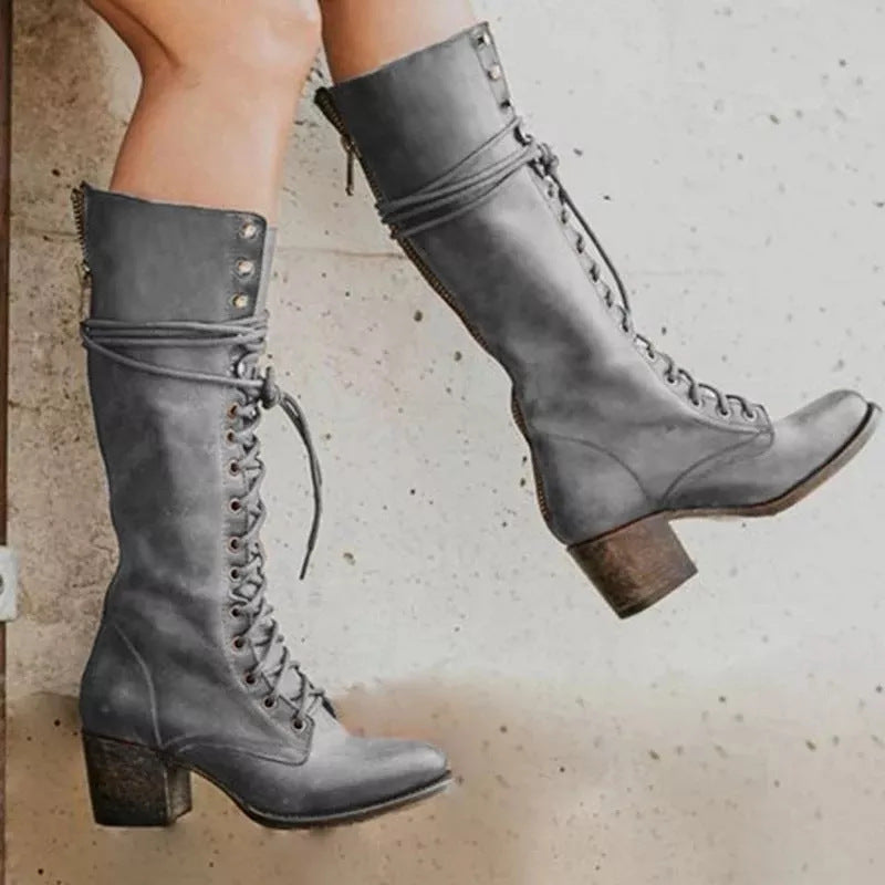 Vera | Women's Lace-Up Knee-High Block Heel Boots