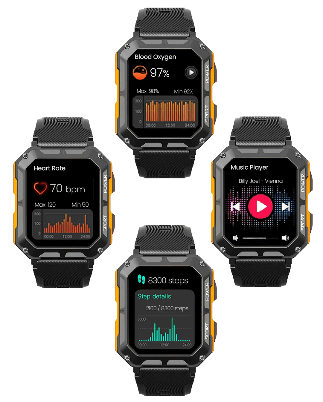 Rugged Smartwatch IP68 Weather-Resistant Heart Rate Fitness Tracker