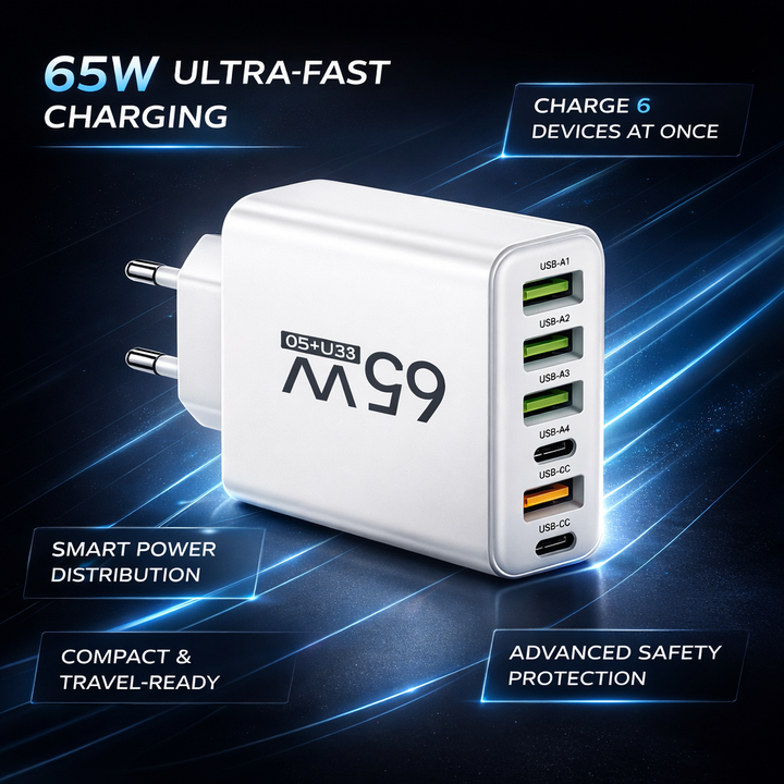 65W 6-in-1 Fast Charger Multi Port USB – 4 USB-A & 2 USB-C, Smart Charging, for Home Office & Travel
