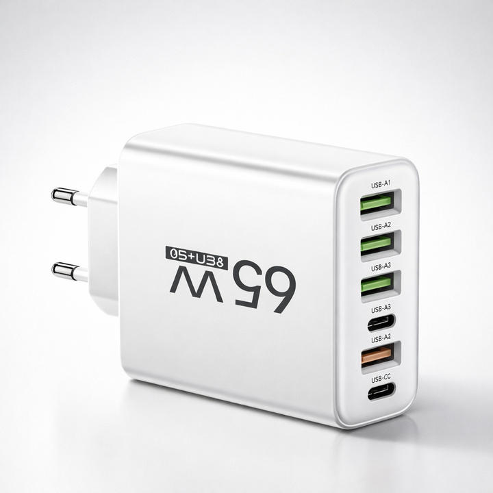 65W 6-in-1 Fast Charger Multi Port USB – 4 USB-A & 2 USB-C, Smart Charging, for Home Office & Travel