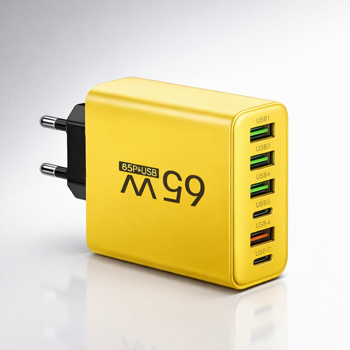 65W 6-in-1 Fast Charger Multi Port USB – 4 USB-A & 2 USB-C, Smart Charging, for Home Office & Travel