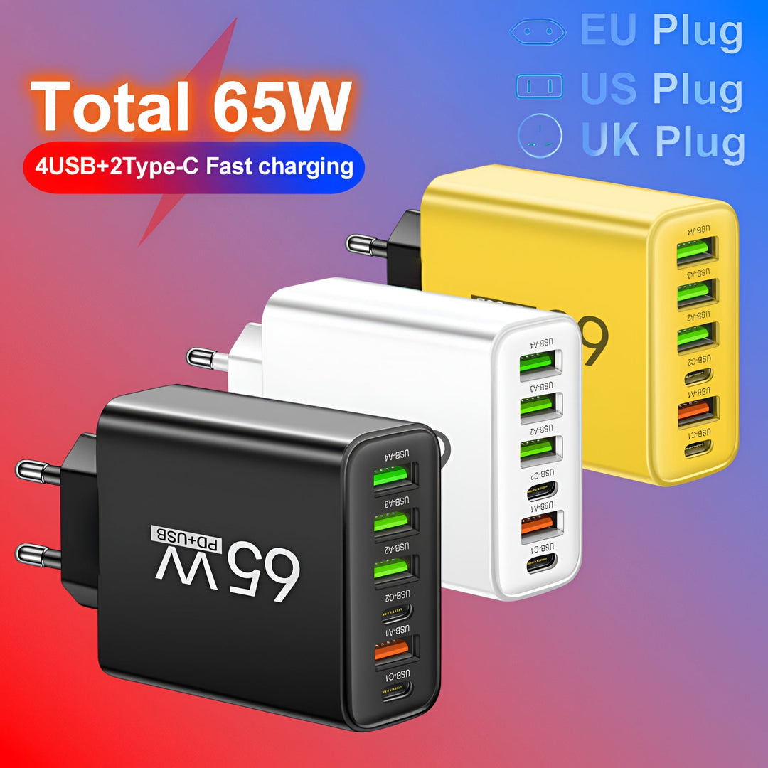 65W 6-in-1 Fast Charger Multi Port USB – 4 USB-A & 2 USB-C, Smart Charging, for Home Office & Travel