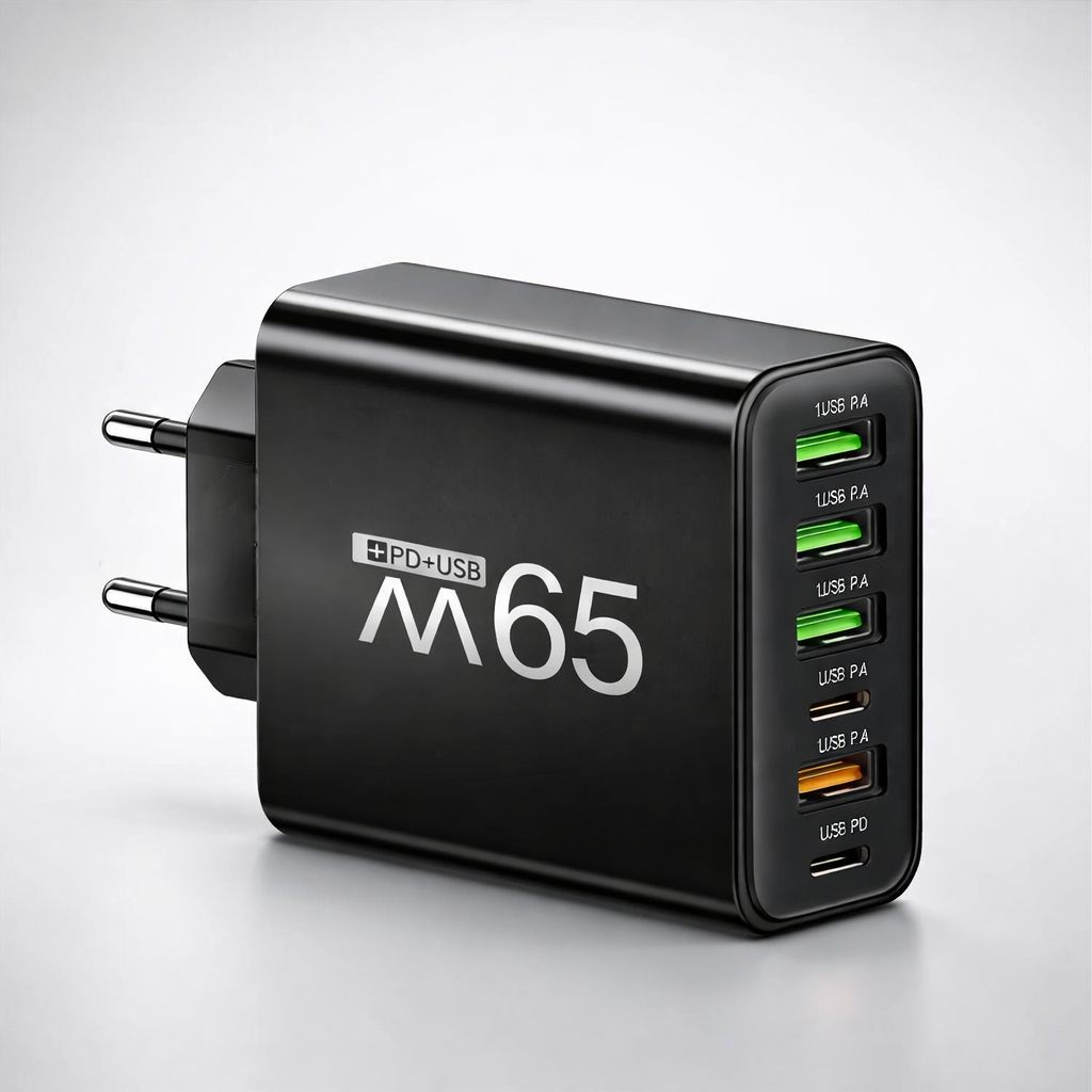 65W 6-in-1 Fast Charger Multi Port USB – 4 USB-A & 2 USB-C, Smart Charging, for Home Office & Travel