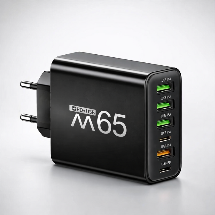 65W 6-in-1 Fast Charger Multi Port USB – 4 USB-A & 2 USB-C, Smart Charging, for Home Office & Travel