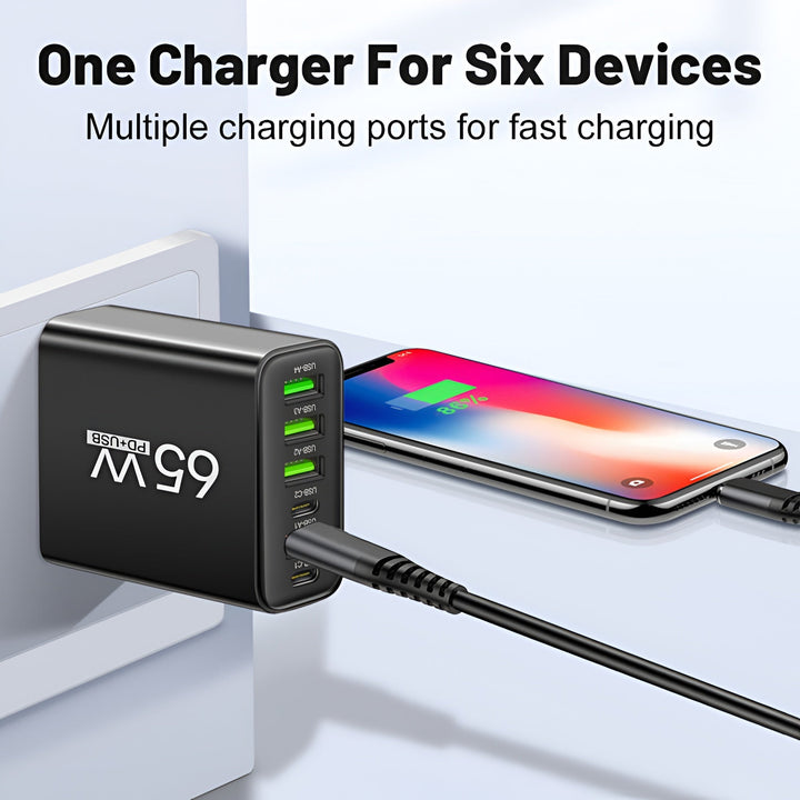 65W 6-in-1 Fast Charger Multi Port USB – 4 USB-A & 2 USB-C, Smart Charging, for Home Office & Travel