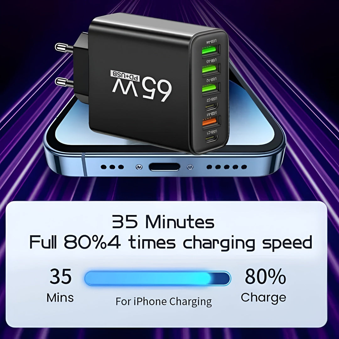 65W 6-in-1 Fast Charger Multi Port USB – 4 USB-A & 2 USB-C, Smart Charging, for Home Office & Travel
