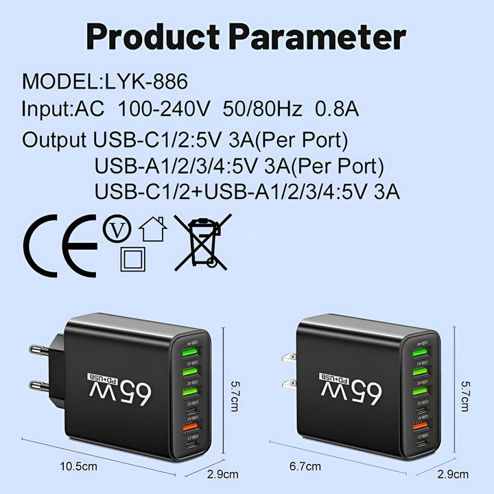 65W 6-in-1 Fast Charger Multi Port USB – 4 USB-A & 2 USB-C, Smart Charging, for Home Office & Travel