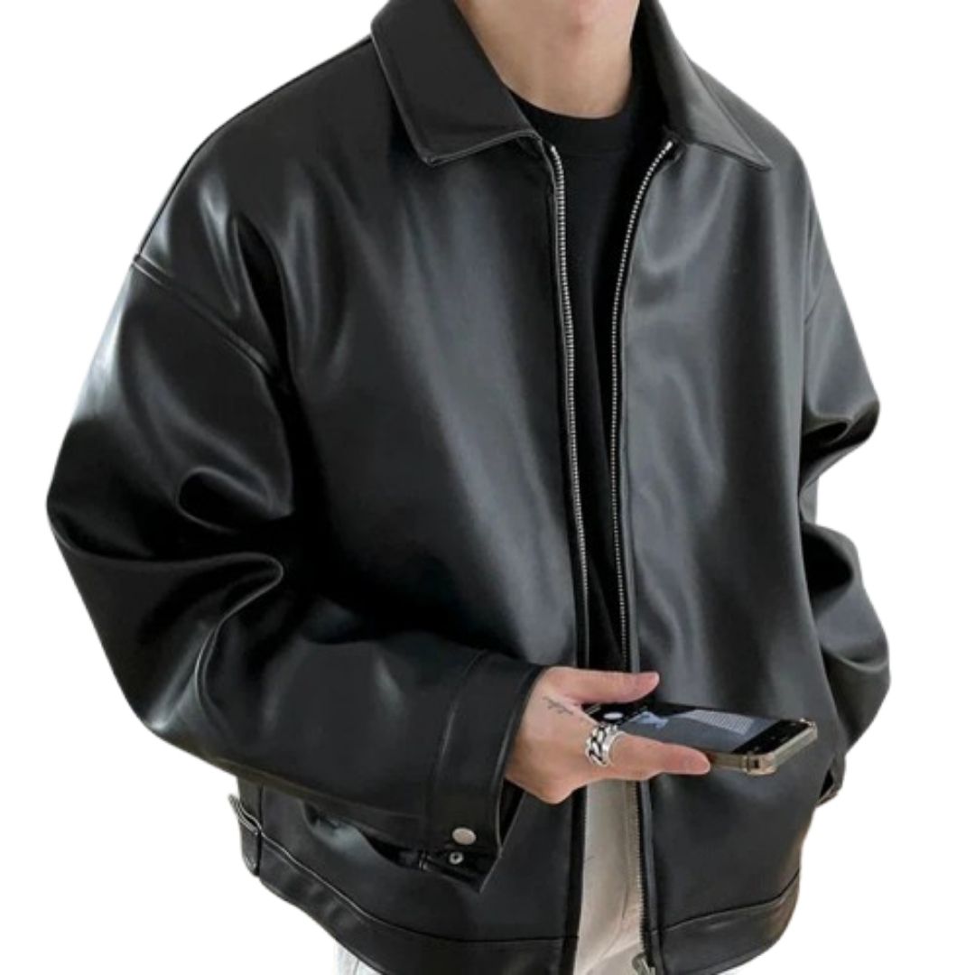 Evan | Men's Oversized Leather Zip Bomber Jacket