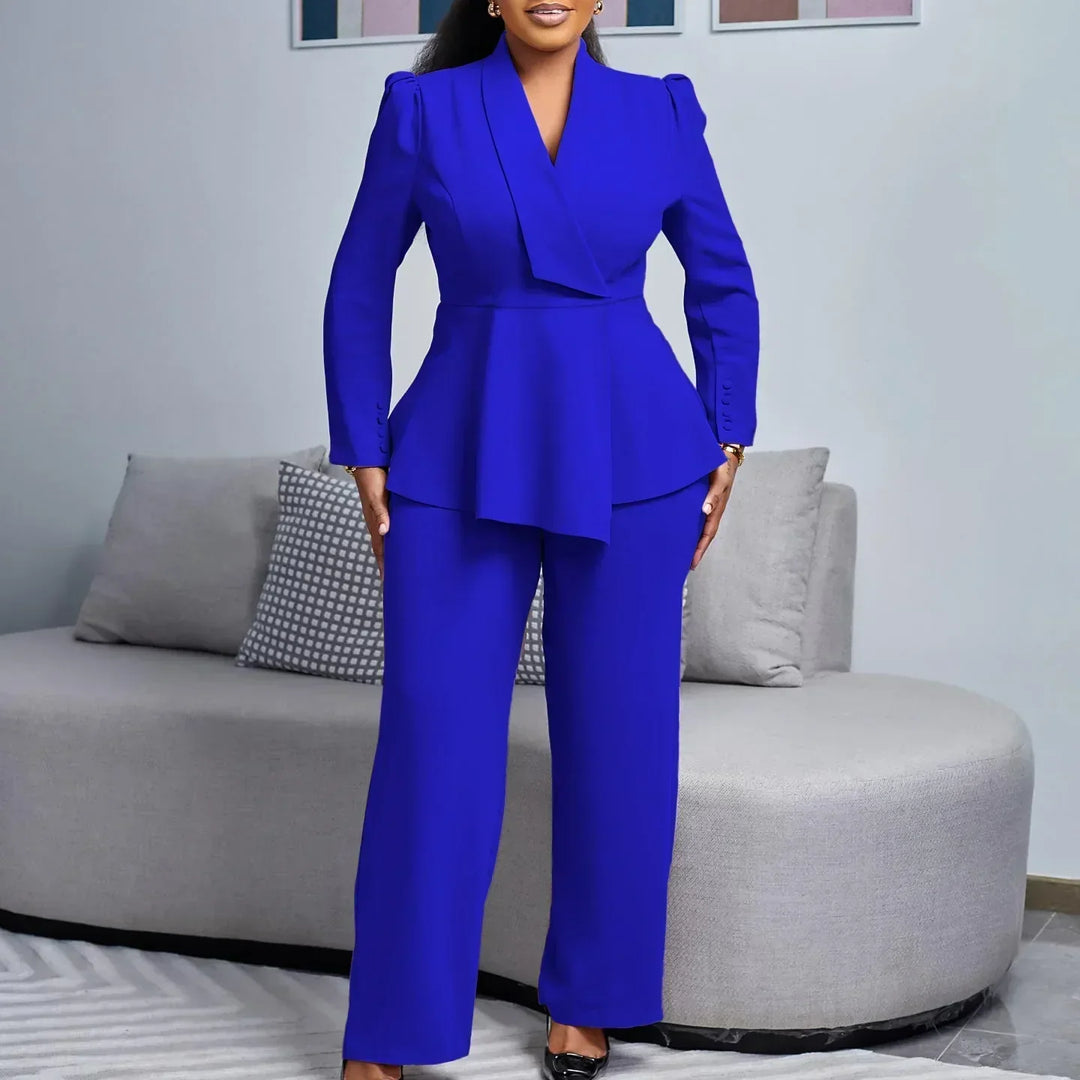 Nerina | Women's V-Neck Peplum Top & Wide-Leg Trouser Set