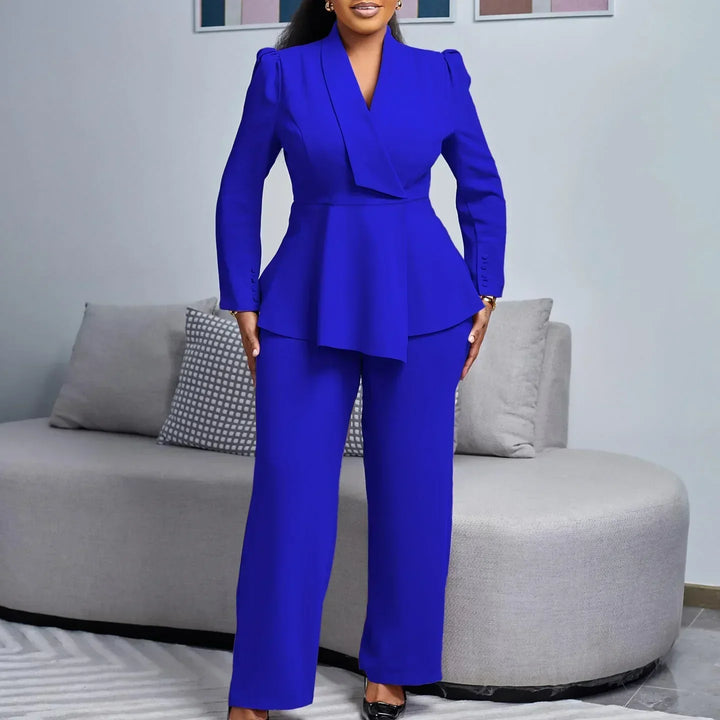 Nerina | Women's V-Neck Peplum Top & Wide-Leg Trouser Set