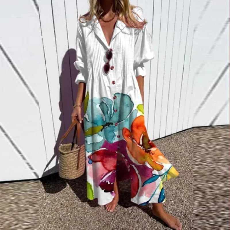 Elina | Women's Leaf Print Button Front Maxi Dress