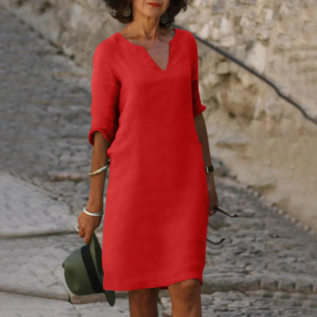 Mirela | Women's V-Neck Three Quarter Sleeve Shift Dress
