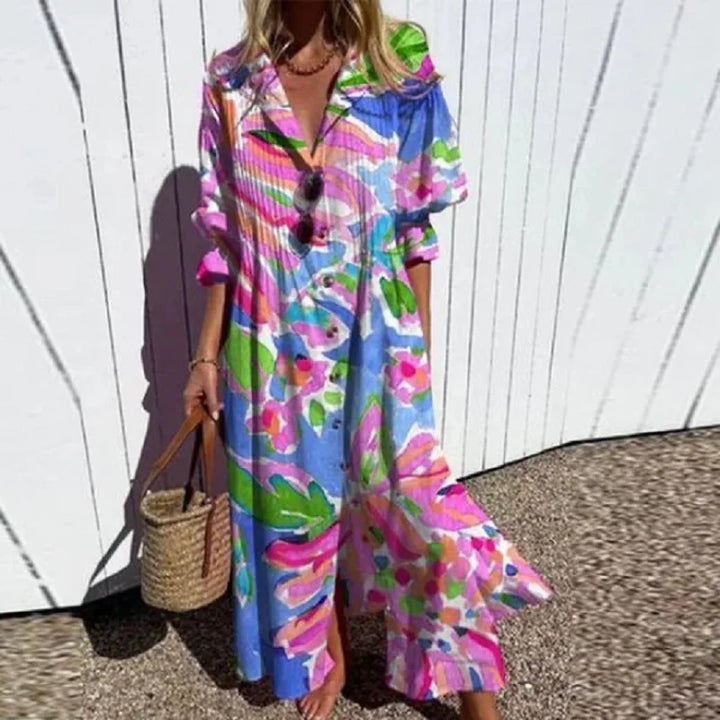 Elina | Women's Leaf Print Button Front Maxi Dress