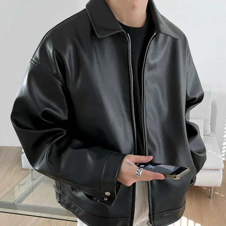 Evan | Men's Oversized Leather Zip Bomber Jacket