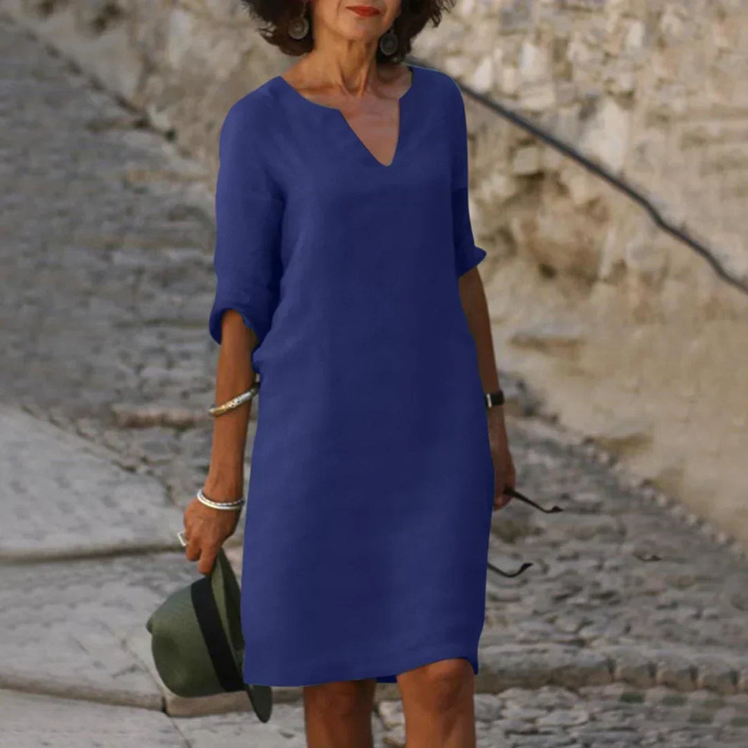 Mirela | Women's V-Neck Three Quarter Sleeve Shift Dress