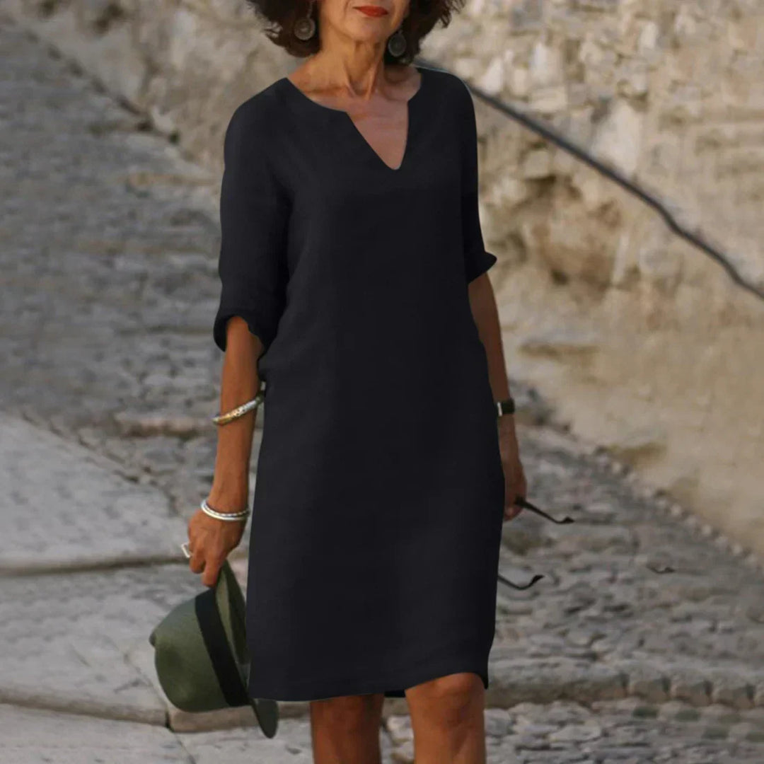 Mirela | Women's V-Neck Three Quarter Sleeve Shift Dress