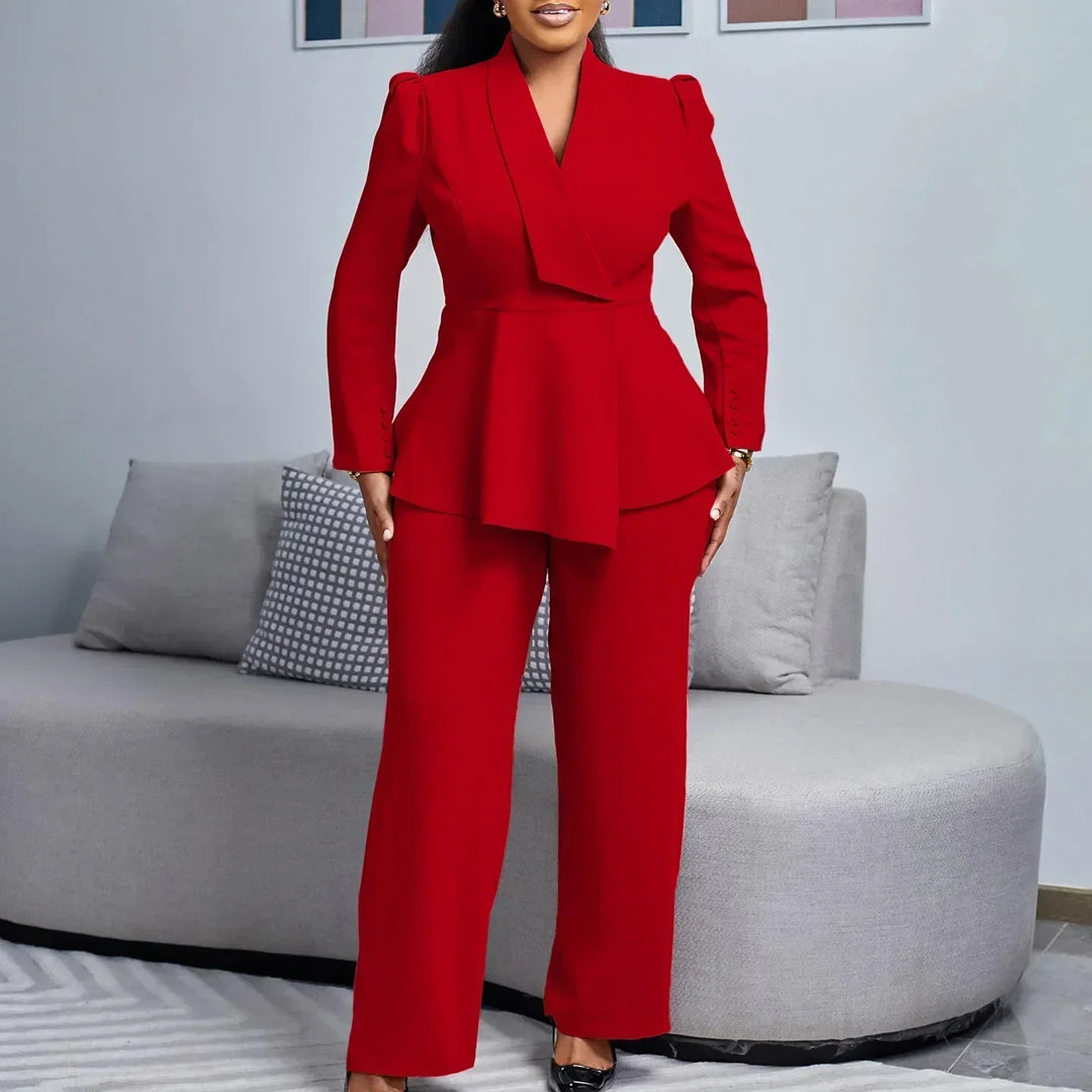 Nerina | Women's V-Neck Peplum Top & Wide-Leg Trouser Set