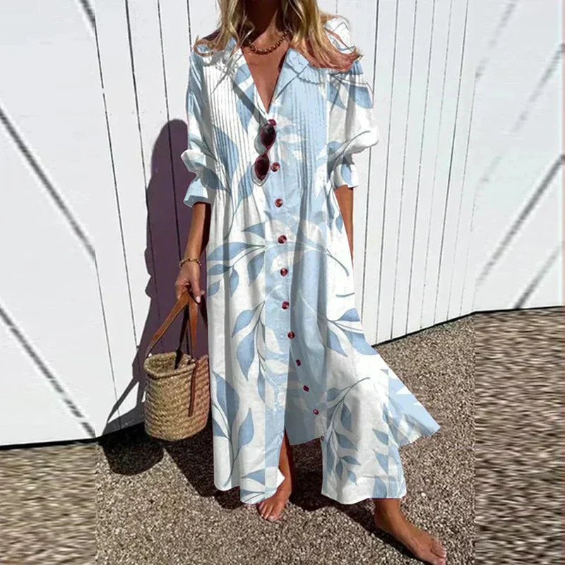 Elina | Women's Leaf Print Button Front Maxi Dress